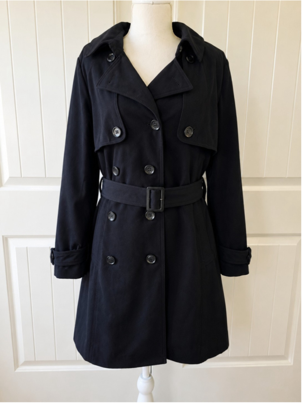 H&M Black Trench Coat Women Sz 16 Double Breasted Belted Mid Length Coat Classic